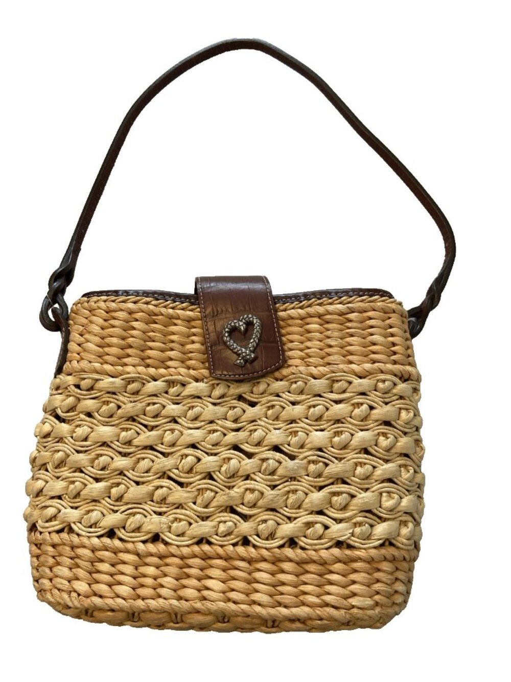 Brighton Sadie Weave 2-Tone Straw & Leather Bag Flap Magnetic Button